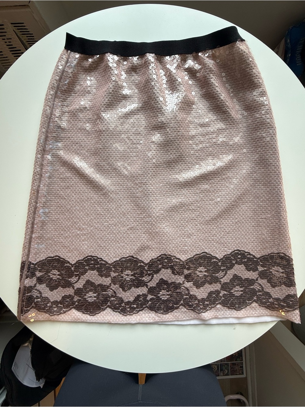 Marc Jacobs Blush Sequin Pencil Skirt with Black Lace Hem